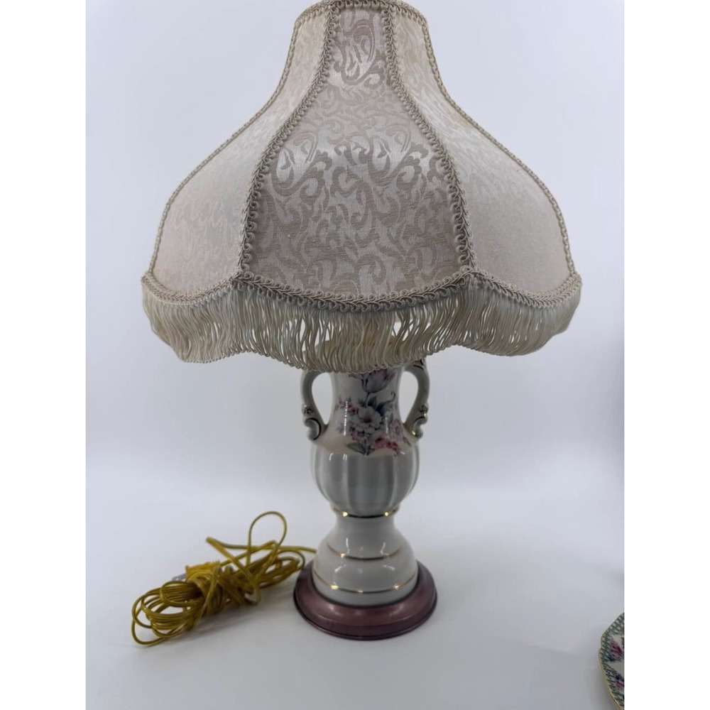 Vintage Table Lamp Floral Ceramic Fringed Shade Cream Pink Gold Victorian Style